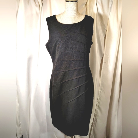 Calvin Klein TAG Sleeveless Shift Dress, Black Fanned Seam Lines, ZipUp, L - Picture 1 of 12